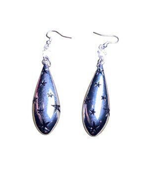 Earrings Celestial Silvertone Dangle With White Star Accents 3" Length Teardrop